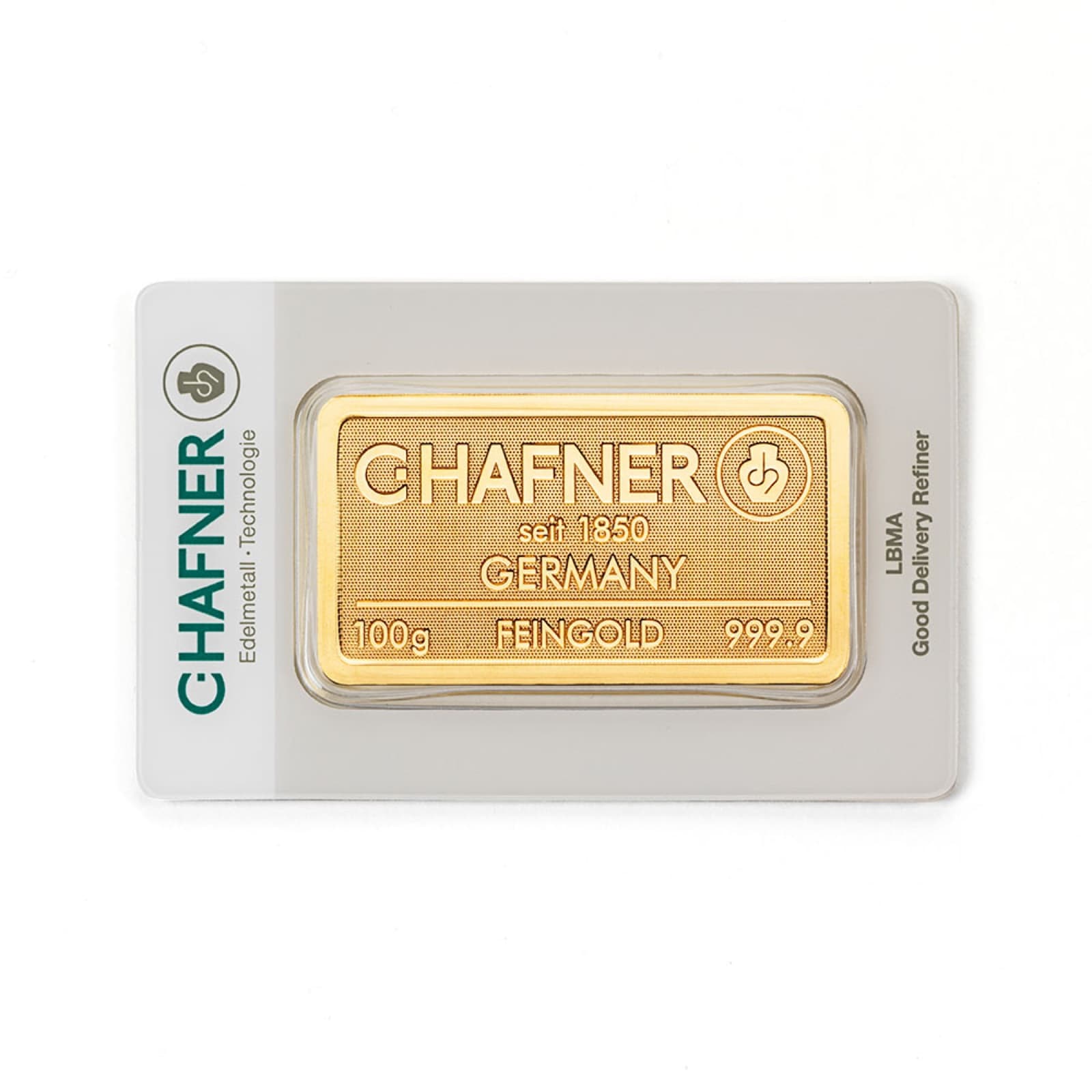 C.HAFNER goudbaar 100 gram, voorzijde in blister