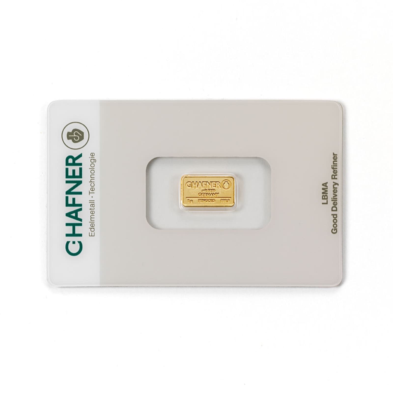 C.HAFNER goudbaar 1 gram, voorzijde in blister