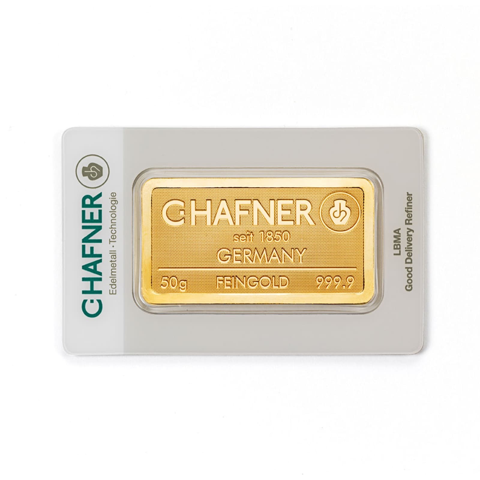 C.HAFNER goudbaar 50 gram, voorzijde in blister